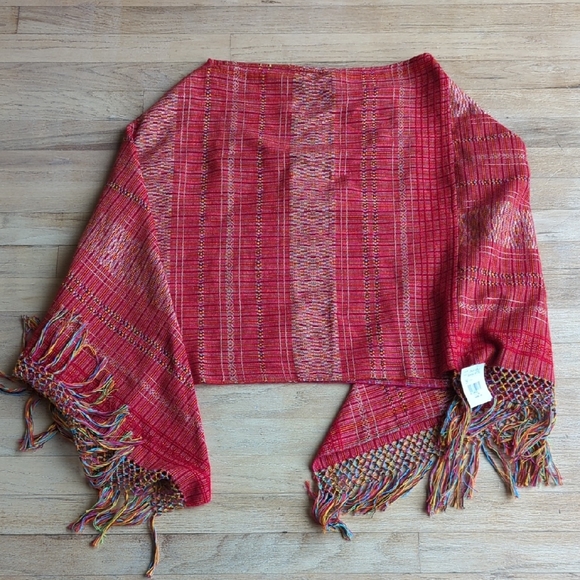 Handmade Jackets & Blazers - Vibrant Red Woven Shawl with Fringe Handmade In Mexico